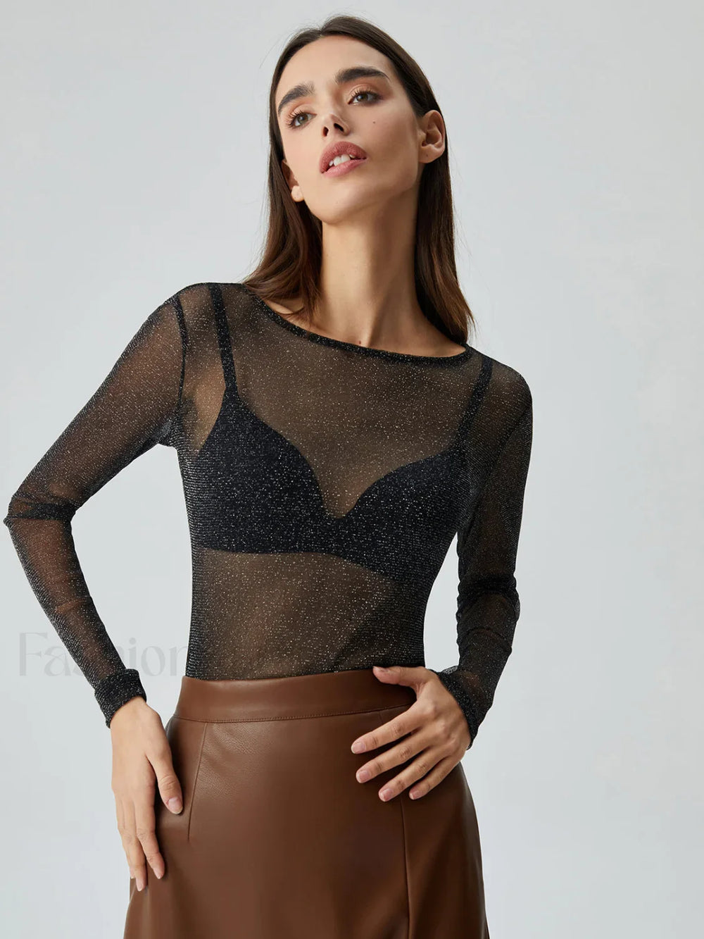 Crew Neck Sequined Trendy Long Sleeve Mesh Shirt T Shirts