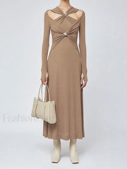 Criss Cross Cut Trendy Out Long Dress Brown / S Dresses