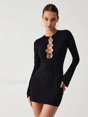 Criss Cross Long Trendy Sleeve Short Dress Black / S Dresses