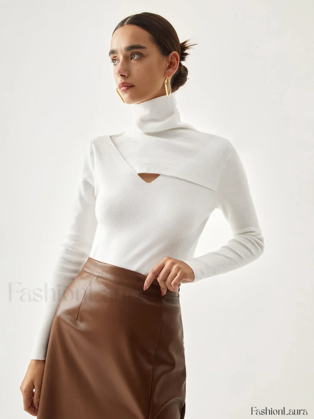 Criss Cross Turtleneck Trendy Long Sleeve Knit Top White / XS Sweaters L
