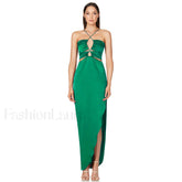 Crisscross Trim Ruched Cut Out Sleeveless Slit Gown Maxi Dress Green S / Green Formal Dresses