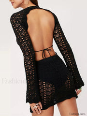 Crochet Hollow Backless Long Sleeve Mini Dress Mini Dresses