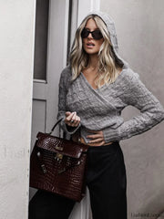 Crochet Hooded Graceful Long Sleeve Top Sweaters L