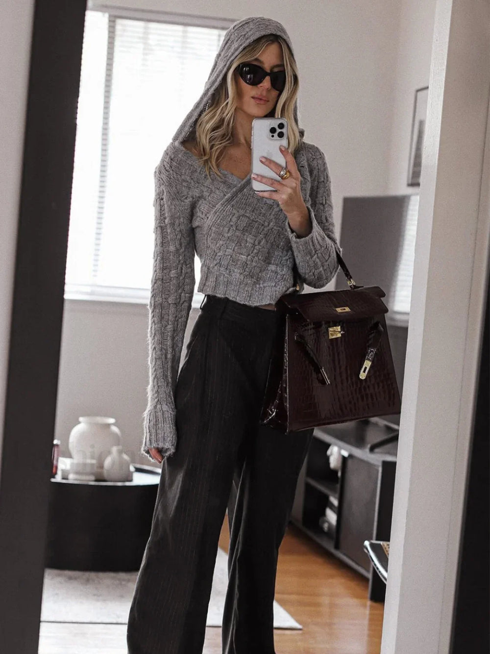 Crochet Hooded Graceful Long Sleeve Top Sweaters L