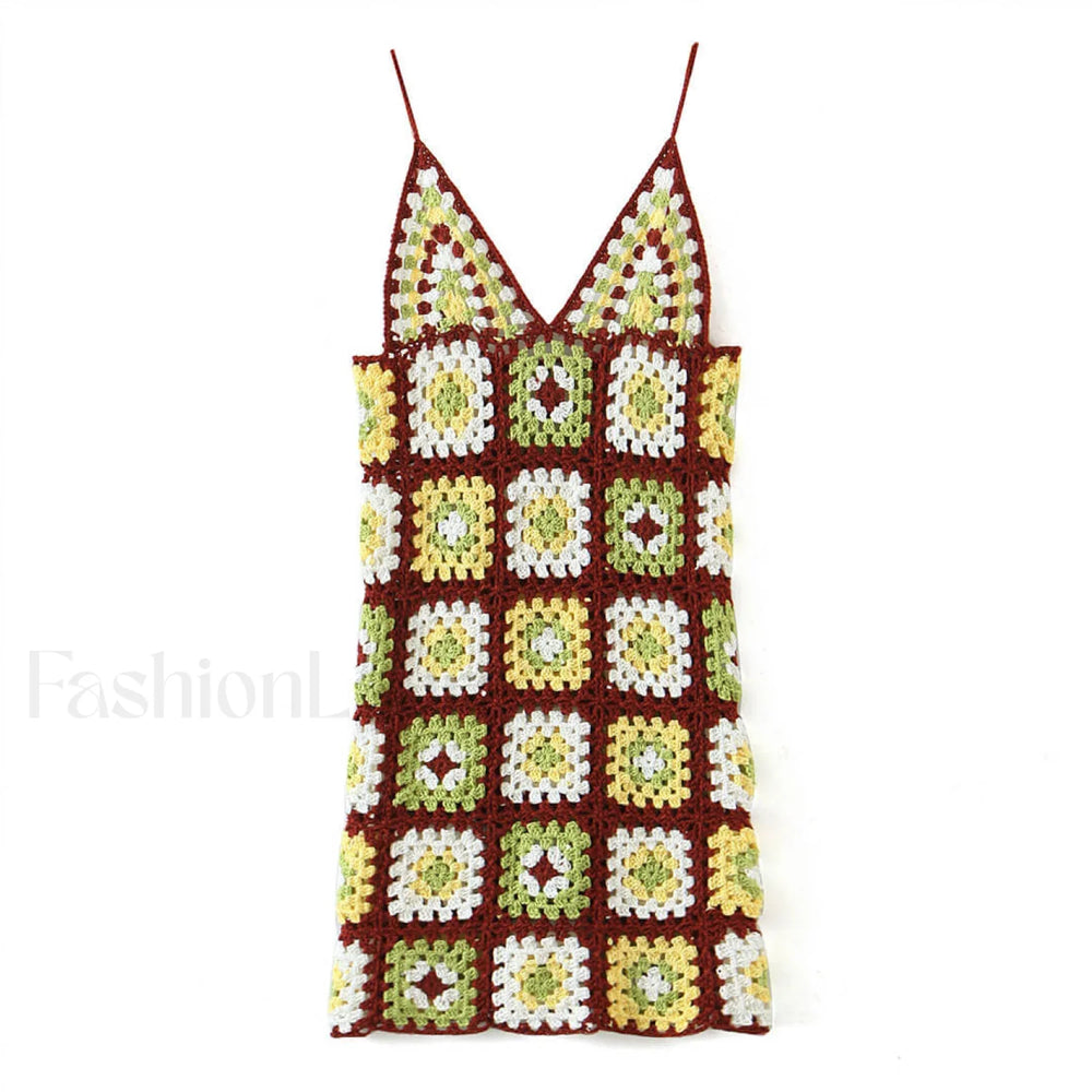 Crochet Knit Granny Square Patterns Slip Mini Dress Burgundy One Size / Burgundy Sweater Dresses