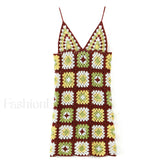 Crochet Knit Granny Square Patterns Slip Mini Dress Burgundy One Size / Burgundy Sweater Dresses