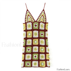 Crochet Knit Granny Square Patterns Slip Mini Dress Burgundy One Size / Burgundy Sweater Dresses