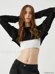 Crocheted Cable Knit Trendy Long Sleeve Crop Top Sweaters L