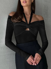 Cut Out Knotted Trendy Long Sleeve Halter Shirt Black / S T Shirts