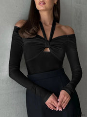 Cut Out Knotted Trendy Long Sleeve Halter Shirt Black / S T Shirts