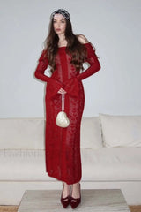 Cutout Off Shoulder Crochet Knit Bodycon Maxi Dress Burgundy / S