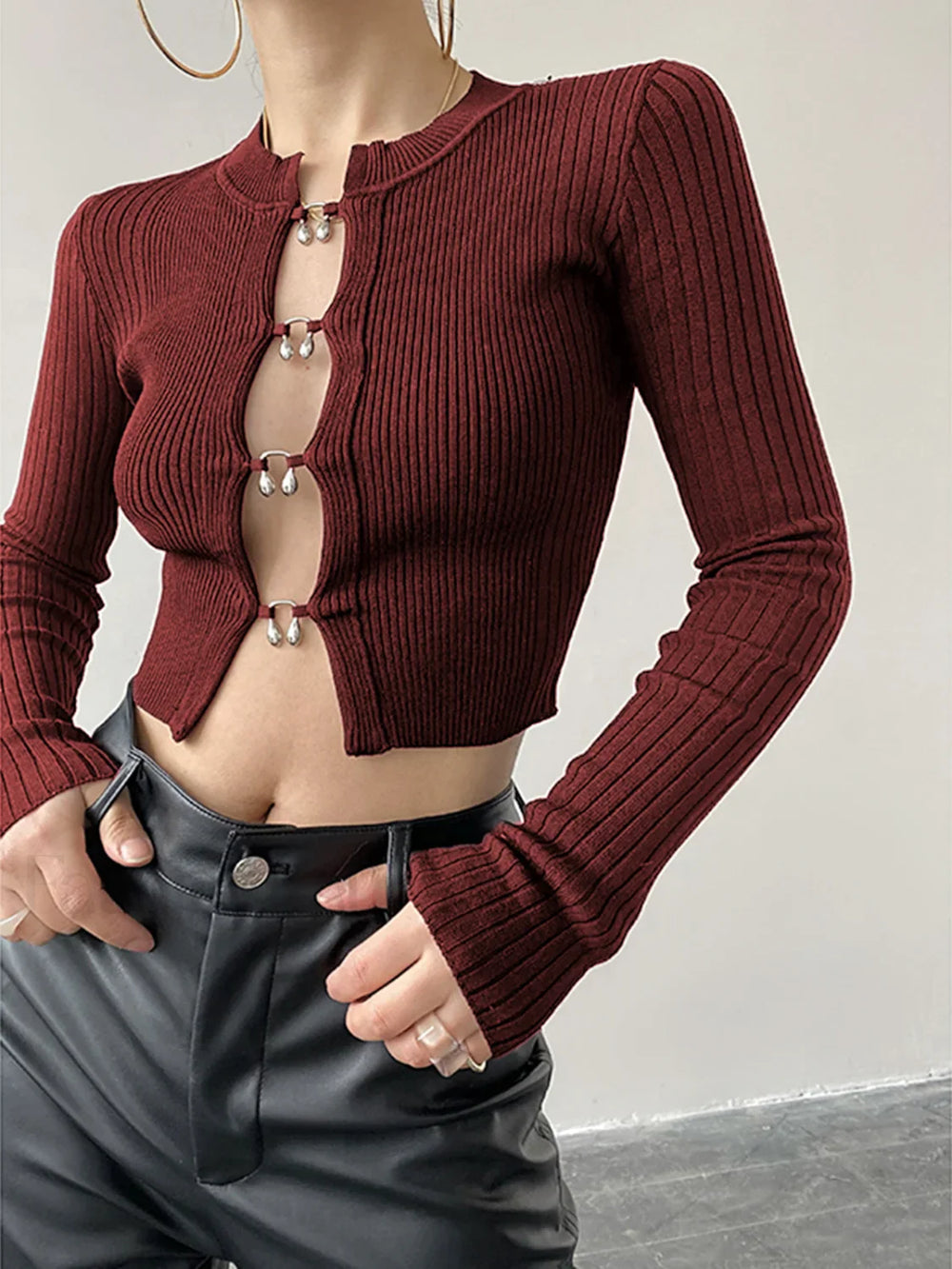 Cutout Split Beads Trendy Detail Ribbed Knit Top Burgundy / XS Sweaters L