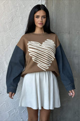 Heart Pattern Crewneck Denim Sweater