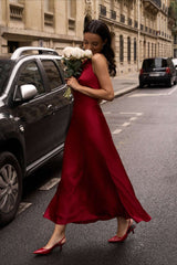 Satin V-Neck Halter Backless Maxi Party Dress