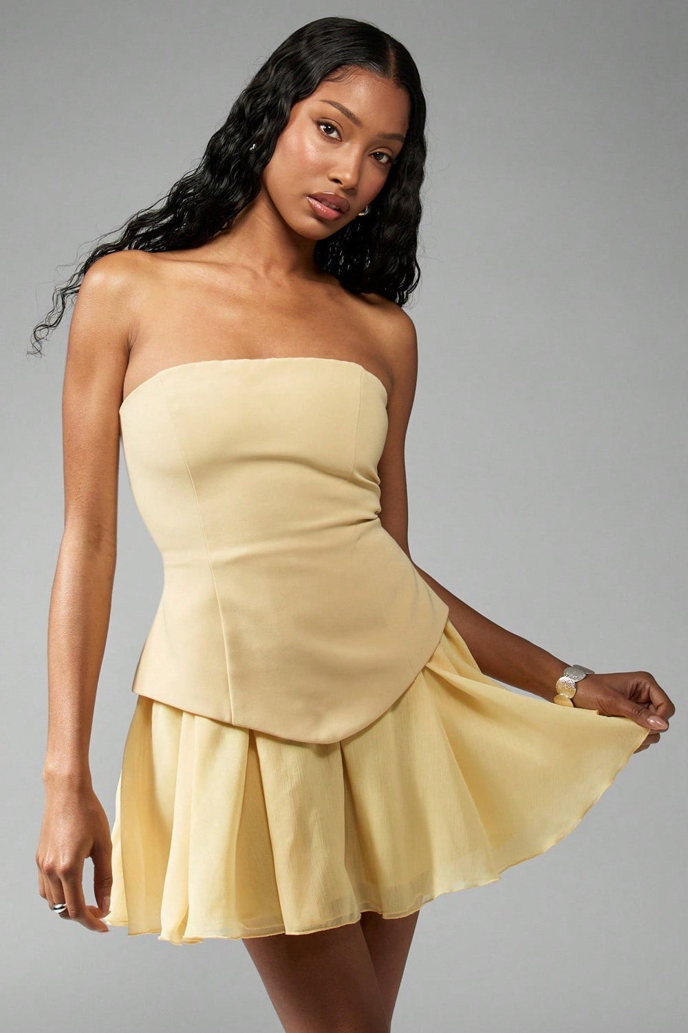 Bustier Peplum Waist Cocktail Dress S / Yellow