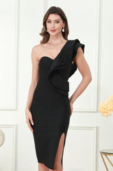 Bandage Slit Ruffle Cocktail Dress S / Black