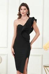 Bandage Slit Ruffle Cocktail Dress S / Black