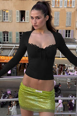 Lace Trimmed Slim Fit Bodysuit Knit Top