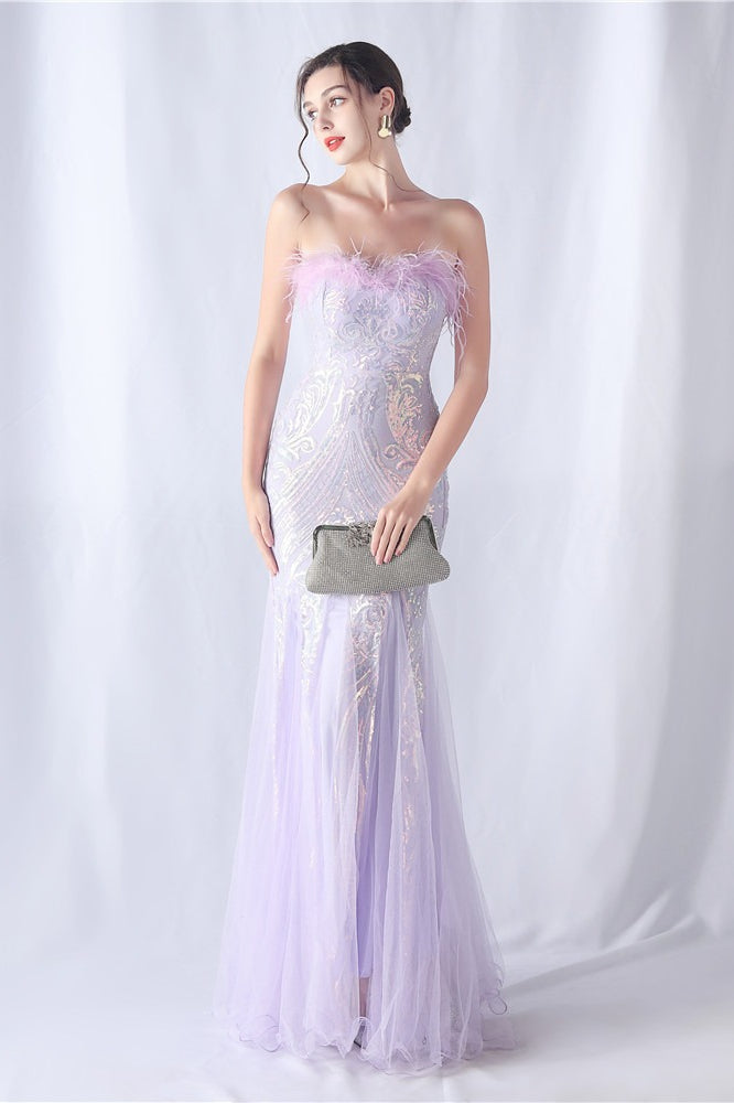 Ostrich Feather Sequin Evening Party Dress