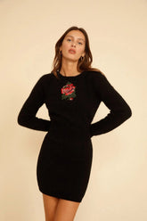 Embroidered Rose Knit Sweater Dress Black / S