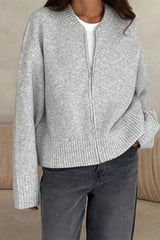Casual Solid Color Zip-Up Loose Fit Knit Sweater