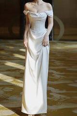 Off Shoulder Wine Red Satin Formal Dress XXS / White