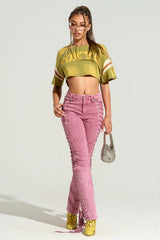 Drawstring Lace Up Denim Jeans Pink / S