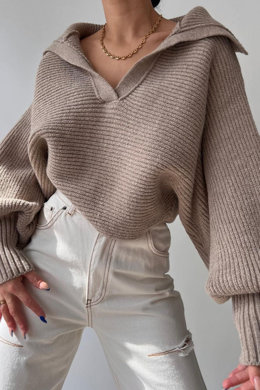 Lantern Sleeve Open Collar Knit Sweater Khaki / S