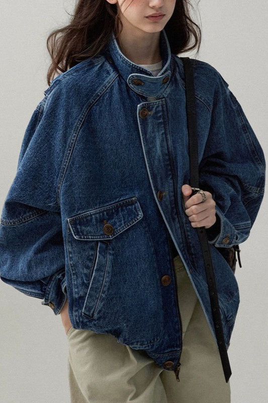 Stand Collar Washed Denim Utility Jacket