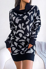 Leopard Turtleneck Sweater Dress S / Black