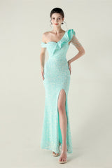 Draped One Shoulder Ruffle Formal Dress S / Blue