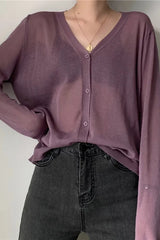 V Neck Lightweight Knit Cardigan Purple / One Size