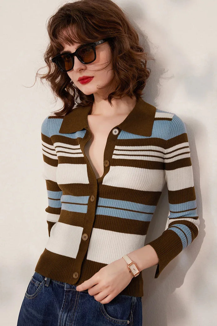 Striped Knit Turn down Collar Cardigan