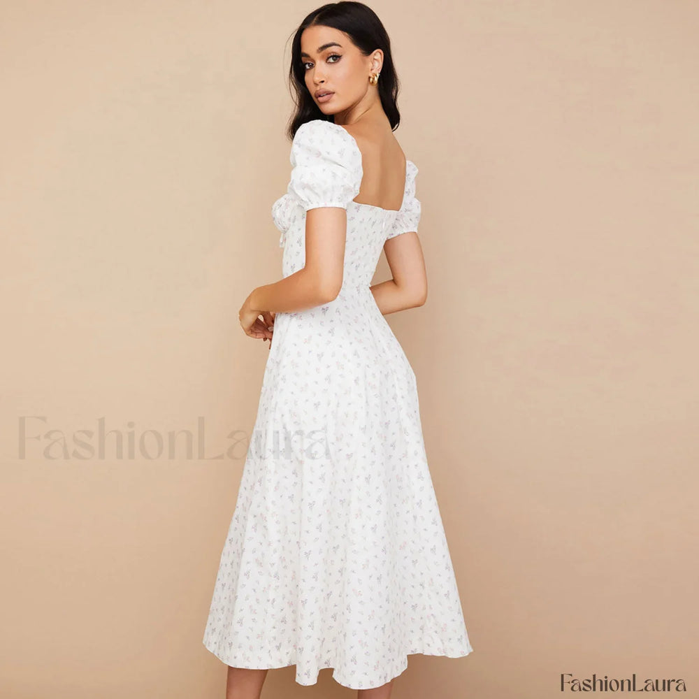Daisy Printed Puff Sleeve High Slit Smock Maxi Sundress White L / White Sun Dresses