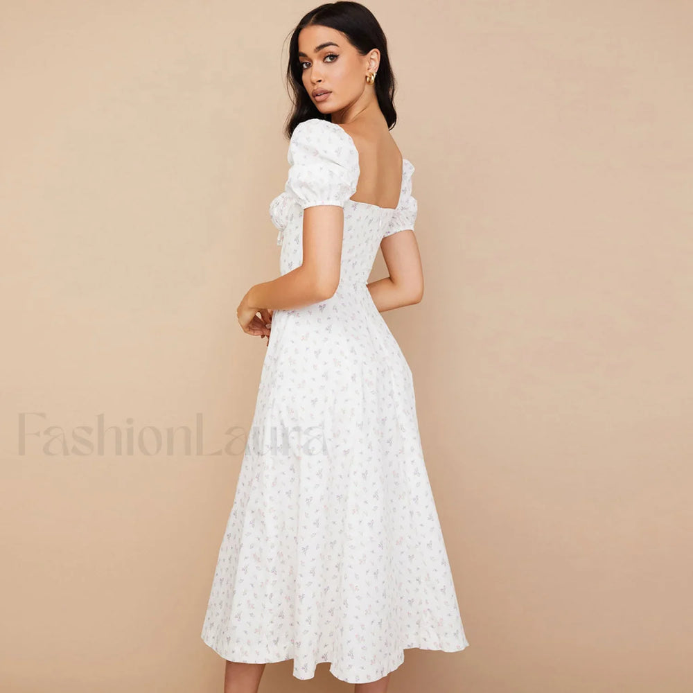 Daisy Printed Puff Sleeve High Slit Smock Maxi Sundress White L / White Sun Dresses