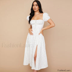 Daisy Printed Puff Sleeve High Slit Smock Maxi Sundress White M / White Sun Dresses