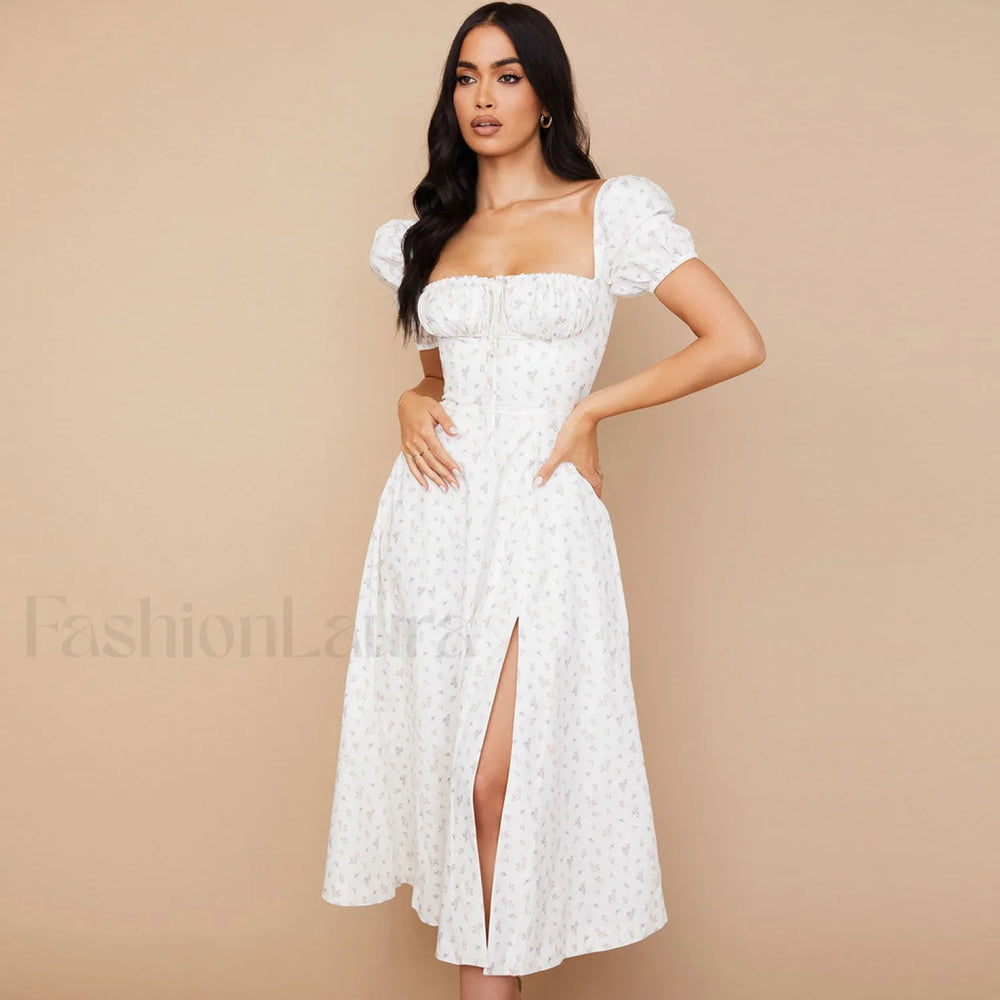 Daisy Printed Puff Sleeve High Slit Smock Maxi Sundress White M / White Sun Dresses