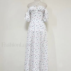 Daisy Printed Puff Sleeve High Slit Smock Maxi Sundress White XL / White Sun Dresses