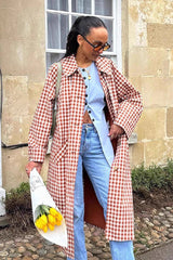 Checkered Lapel Midi Trench Overcoat