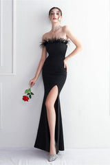 Elegant Feather Trim Strapless Formal Dress