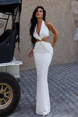 Sheer Panel Halter Formal Dress S / White