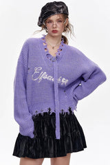 Red Embroidered Raw Edge Wool Blend Sweater