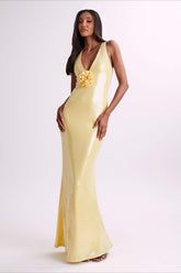 Backless Floral Sequin Maxi Dress S / Yellow