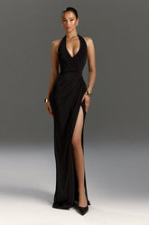 Ruched Halter Backless Party Dress S / Black
