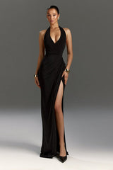 Ruched Halter Backless Party Dress S / Black