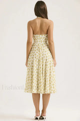 Deep V Neck Backless Floral A Line Floral Dress