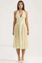 Deep V Neck Backless Floral A Line Floral Dress