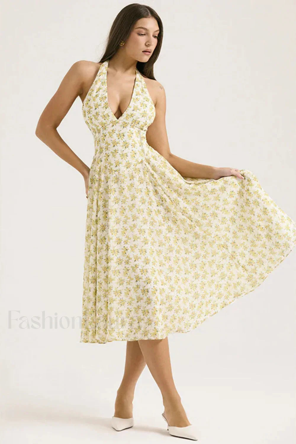 Deep V Neck Backless Floral A Line Floral Dress