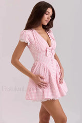 Deep V Neck Backless Pleated Printed A Line Mini Dress