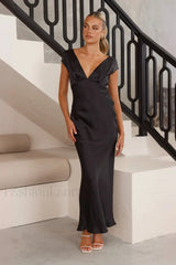 Deep V Neck Bodycon Backless Midi Work Dress Black / S